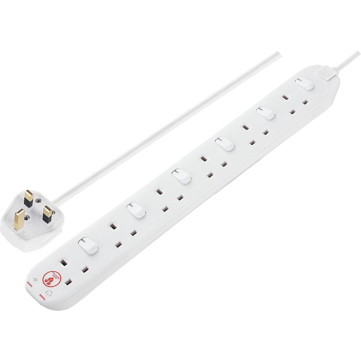 Masterplug Switched Surge Extension Lead White 13A SWSRG6210N | Surge Protected | 2 Meter Cable | 6 Socket | Protects your Valuable Equipment and Control the Power to Each Individual Socket