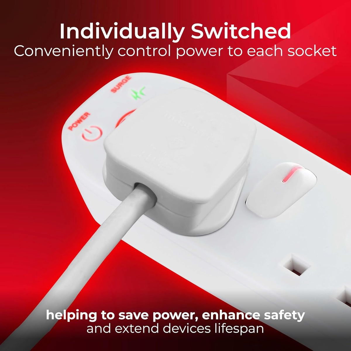 Masterplug Switched Surge Extension Lead White 13A SWSRG6210N | Surge Protected | 2 Meter Cable | 6 Socket | Protects your Valuable Equipment and Control the Power to Each Individual Socket
