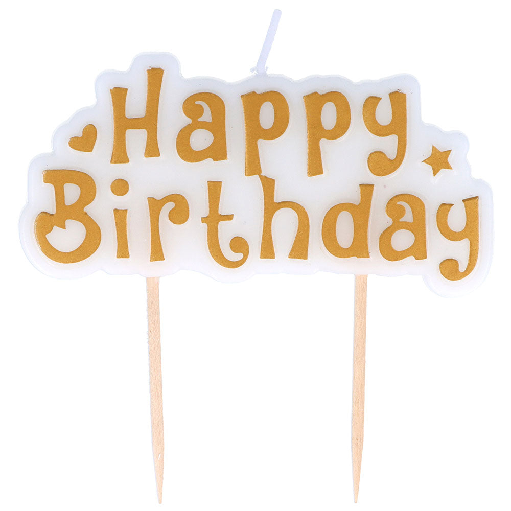 Henbrandt Happy Birthday Cake Candle White and Gold 8.3cm x 4cm X50114 | Gold Text Design on White Cloud Base | Fun Party Decoration for Birthday Celebrations