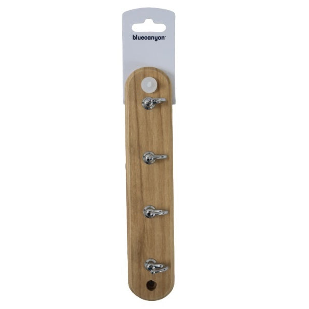 Bluecanyon Wooden Wall 4 Hook Rack Pine Finish Brown 22cm x 4.4cm x 1cm HK2012-4 | With Chrome Hooks | Space-Saving Door Hanger Rack | Stylish and Durable | Fits Most Standard Doors | Keeps Room Clutter Free