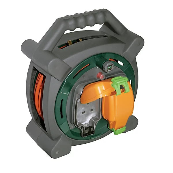 Masterplug 2 Socket Outdoor Cable Reel with Case Green 20Mtr HLP2013-2IP | With Weatherproof Sockets | 13Amps | IP54 Rated | Ideal for Outdoor Lighting and Power Tools | Safe and Convenient Temporary Outdoor Power | Robust Construction | Thermal Cut-Out | High Visibilty Cable | Weatherproof Cover | Safety Shutters on All Sockets