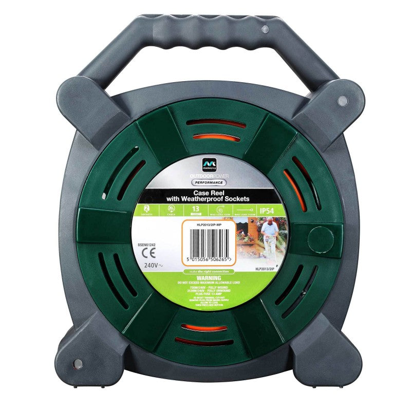 Masterplug 2 Socket Outdoor Cable Reel with Case Green 20Mtr HLP2013-2IP | With Weatherproof Sockets | 13Amps | IP54 Rated | Ideal for Outdoor Lighting and Power Tools | Safe and Convenient Temporary Outdoor Power | Robust Construction | Thermal Cut-Out