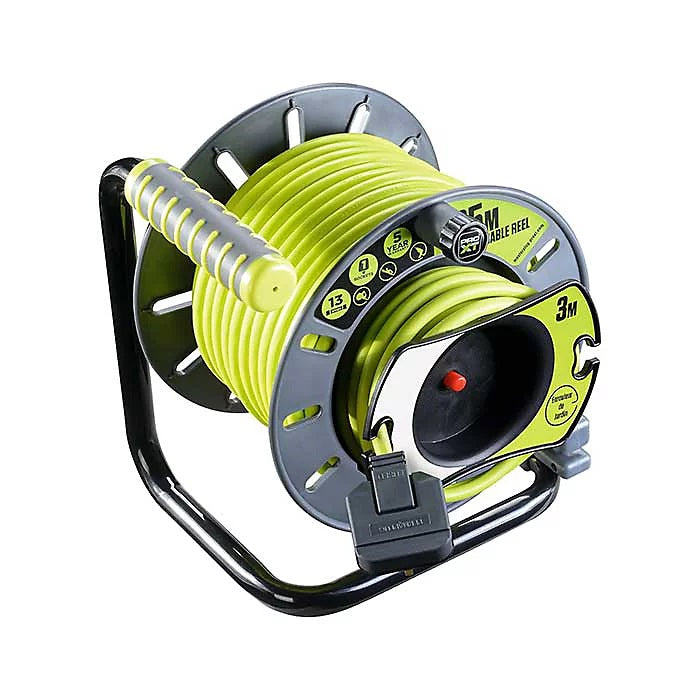 Masterplug Pro-XT 1 Socket Cable Reel with Carry Handle Grey and Green 25Mtr OMU2513FL3IP-PX | 13Amps | Heavy Duty Extension Lead | Ideal for Site and Workshop Use