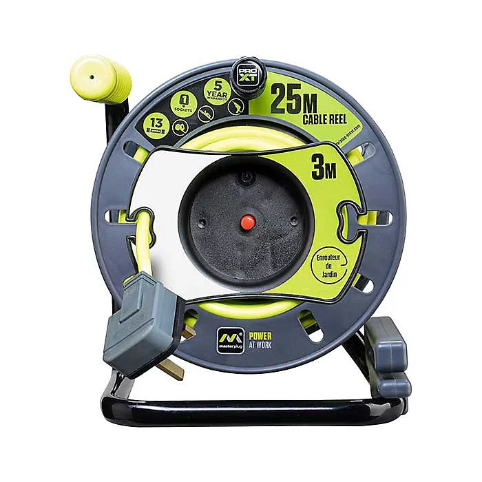 Masterplug Pro-XT 1 Socket Cable Reel with Carry Handle Grey and Green 25Mtr OMU2513FL3IP-PX | 13Amps | Heavy Duty Extension Lead | Ideal for Site and Workshop Use
