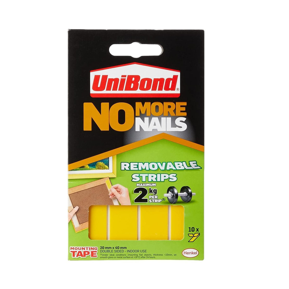 UniBond No More Nails Removable Strips Yellow 20mm x 40mm Pack of 10 2675762 | Holds Up to 2Kg Per Strip | Double-Sided for Indoor Use | Mounting Tape | Removable