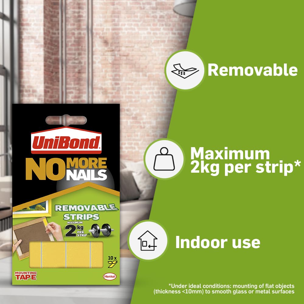 UniBond No More Nails Removable Strips Yellow 20mm x 40mm Pack of 10 2675762 | Holds Up to 2Kg Per Strip | Double-Sided for Indoor Use | Mounting Tape | Removable