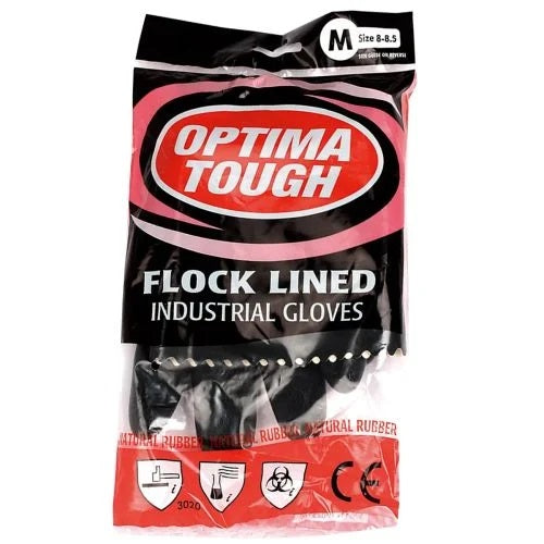 Ramon Optima Tough Flock Lined Industrial Gloves Black Medium 8â€“8.5 TRG.M | Natural Rubber | Heavy Duty Protection | Ideal for Cleaning and Maintenance