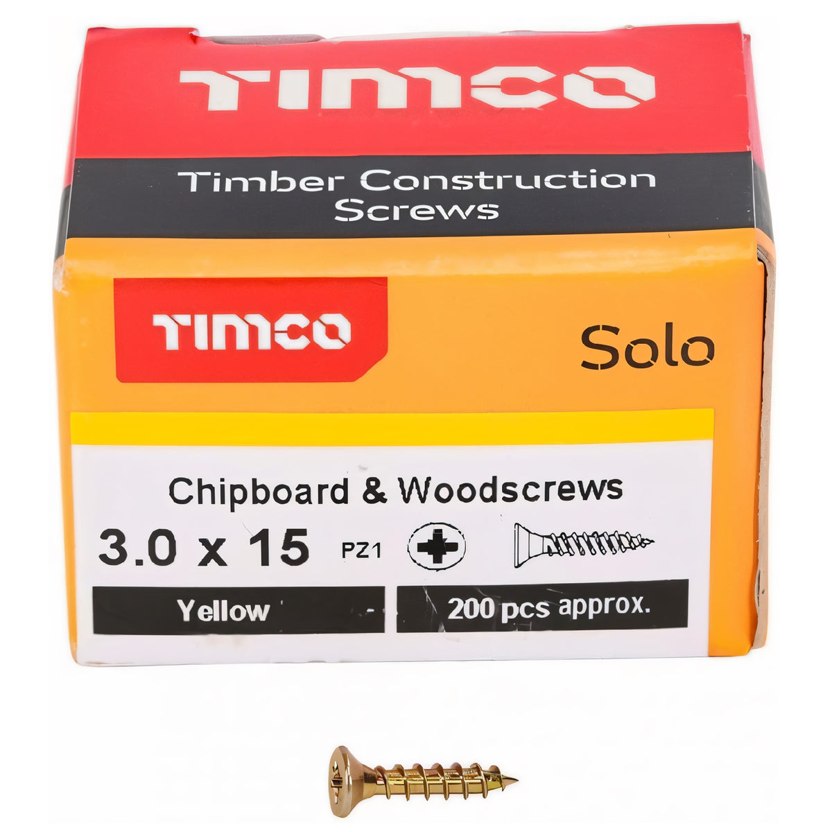Timco Solo Wood Screws Zinc Yellow 3.0mm x 15mm Pack of 200 30015SOLOC | Timber Construction Screws | Chipboard and Woodscrews