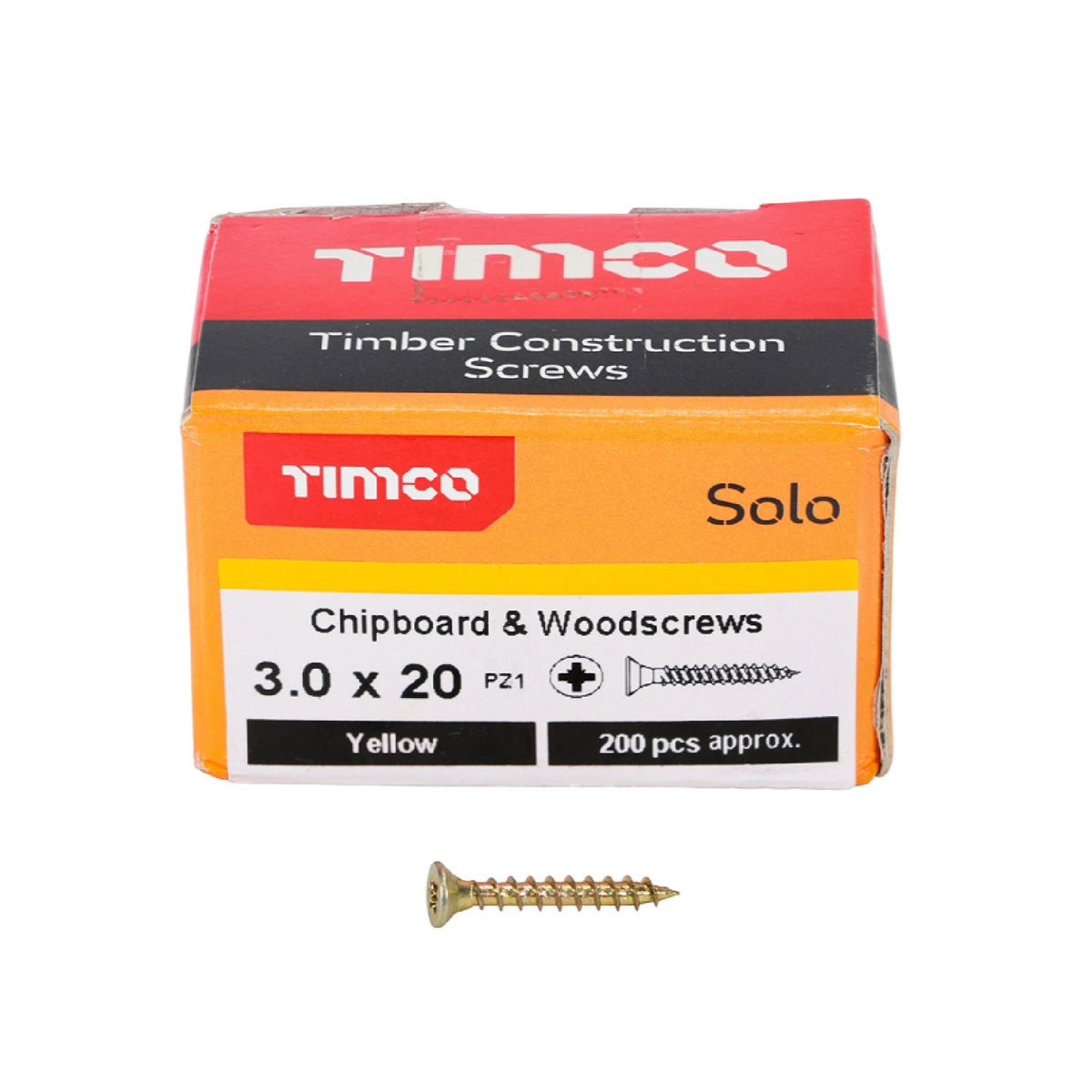 Timco Solo Wood Screws Zinc Yellow 3.0mm x 20mm Pack of 200 30020SOLOC | Timber Construction Screws | Chipboard and Woodscrews
