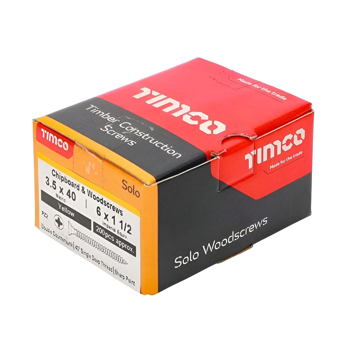Timco Solo Wood Screws Zinc Yellow 3.5mm x 40mm Pack of 200 35040SOLOC | Double Countersunk | 40 Degree Single Deep Thread | Sharp Point