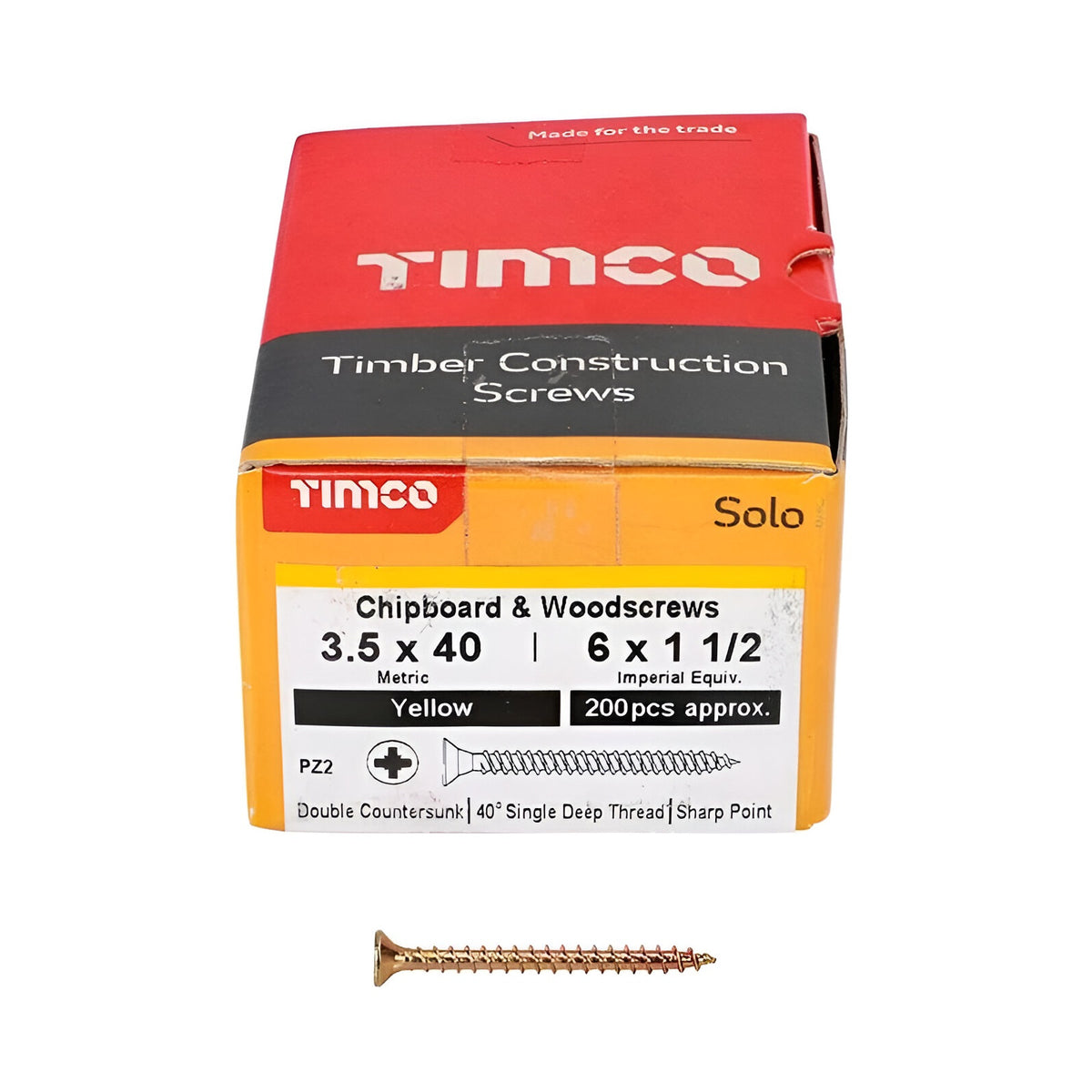 Timco Solo Wood Screws Zinc Yellow 3.5mm x 40mm Pack of 200 35040SOLOC | Double Countersunk | 40 Degree Single Deep Thread | Sharp Point