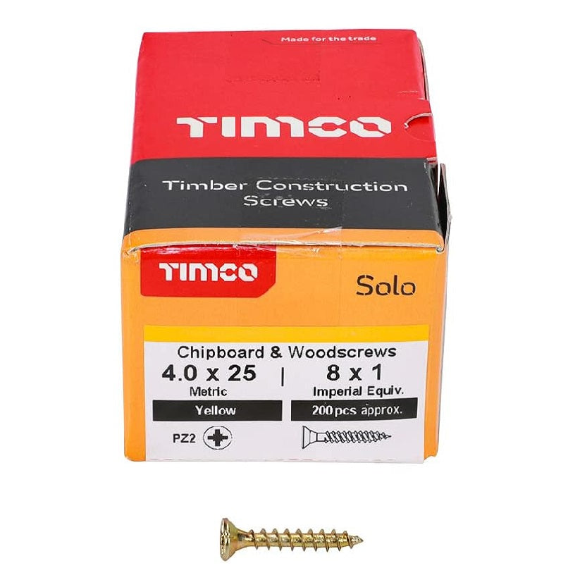 Timco Solo Wood Screws Zinc Yellow 4.0mm x 25mm Pack of 200 40025SOLOC | Timber Construction Screws | Chipboard and Woodscrews