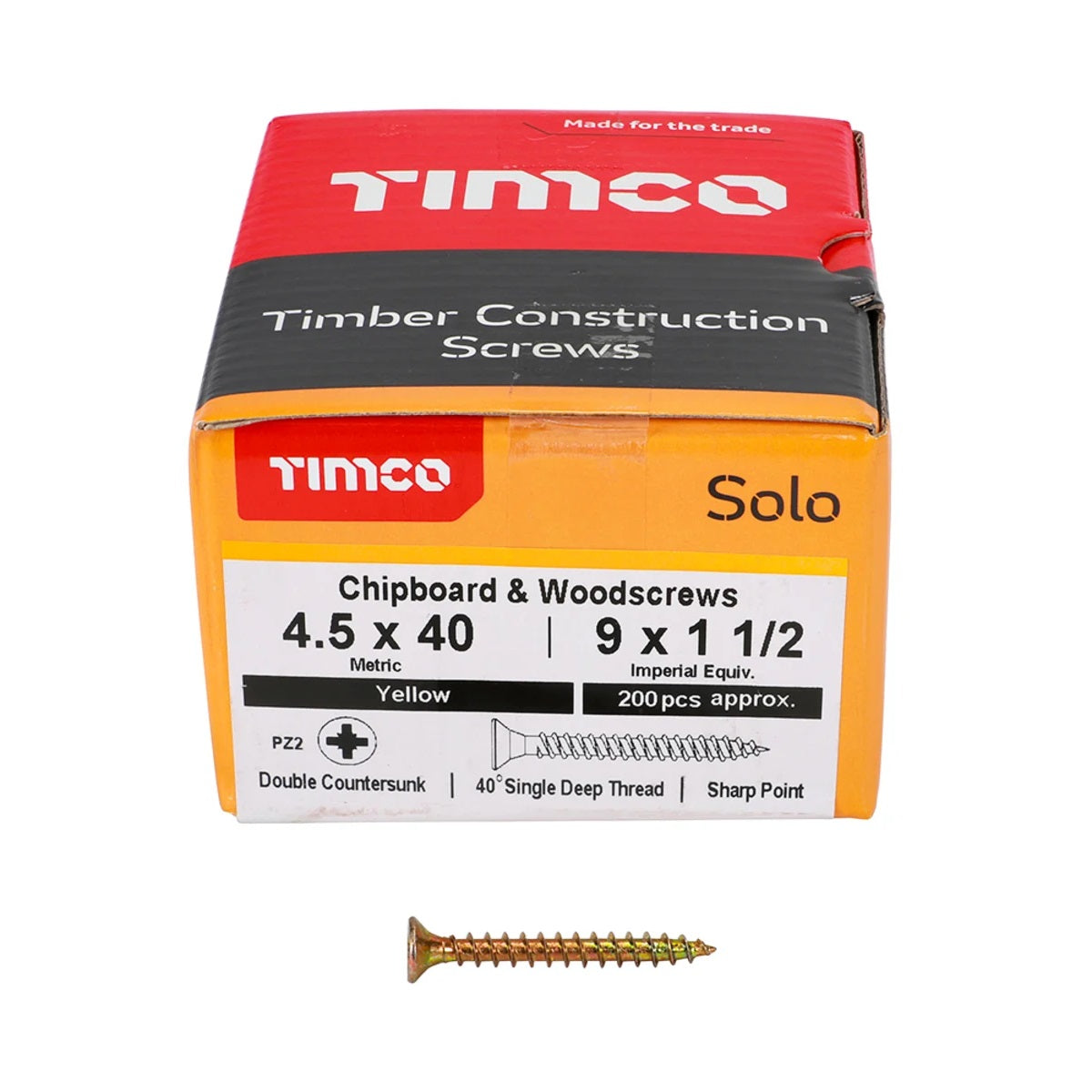 Timco Solo Wood Screws Zinc Yellow 4.5mm x 40mm Pack of 200 45040SOLOC | Double Countersunk | 40 Degree Single Deep Thread | Sharp Point