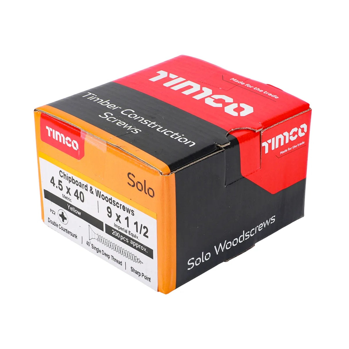 Timco Solo Wood Screws Zinc Yellow 4.5mm x 40mm Pack of 200 45040SOLOC | Double Countersunk | 40 Degree Single Deep Thread | Sharp Point