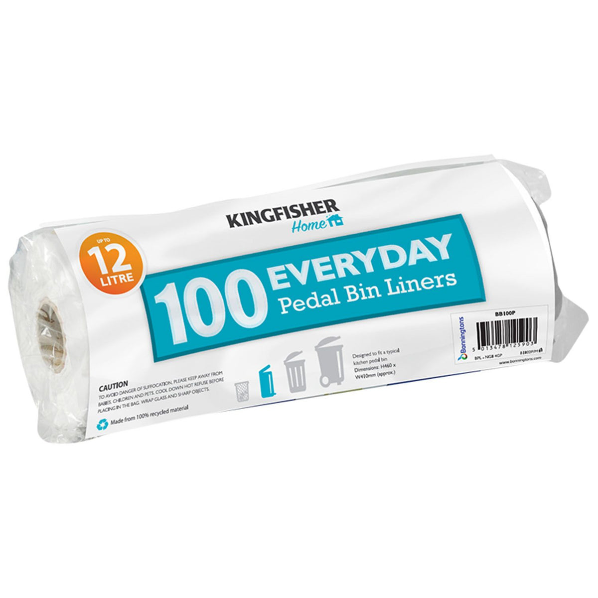 Kingfisher Everyday Pedal Bin Liners White Pack of 100 BB100P | 12Ltr Capacity | Durable Kitchen Waste Bags | Made from Recycled Material