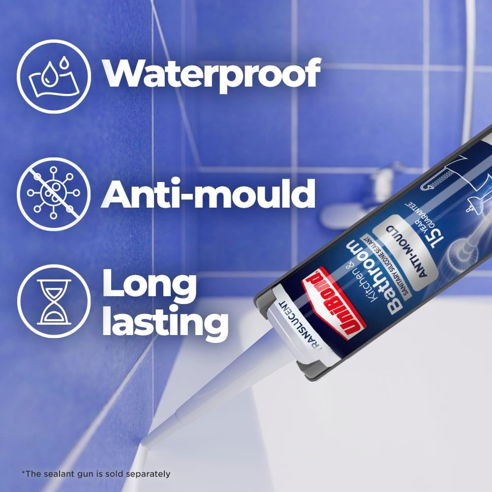 Unibond Anti-Mould Sealant Translucent 300ml 2079323 | Kitchen and Bathroom | Sanitary Silicone Sealant | Waterproof | Long Lasting | Permanently Flexible