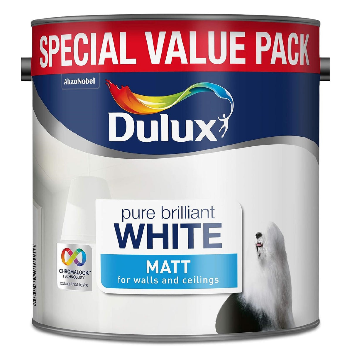 Dulux Walls and Ceilings Matt Emulsion Paint Pure Brilliant White 3Ltr 5092364 | Special Value Pack | Chromalock Technology | Colour that Lasts