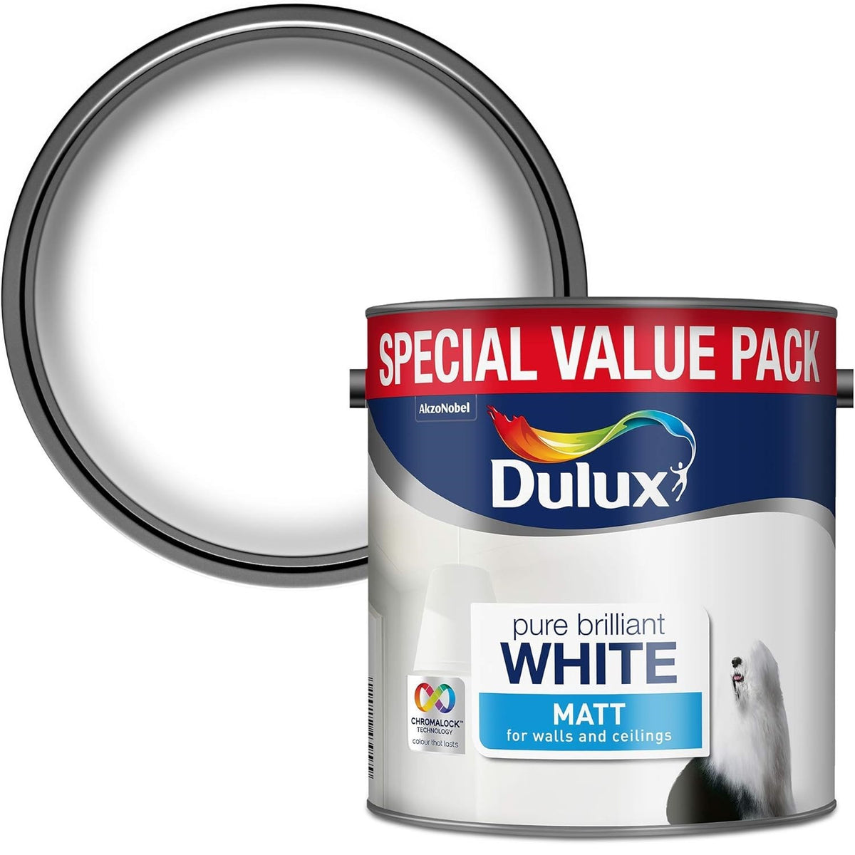 Dulux Walls and Ceilings Matt Emulsion Paint Pure Brilliant White 3Ltr 5092364 | Special Value Pack | Chromalock Technology | Colour that Lasts