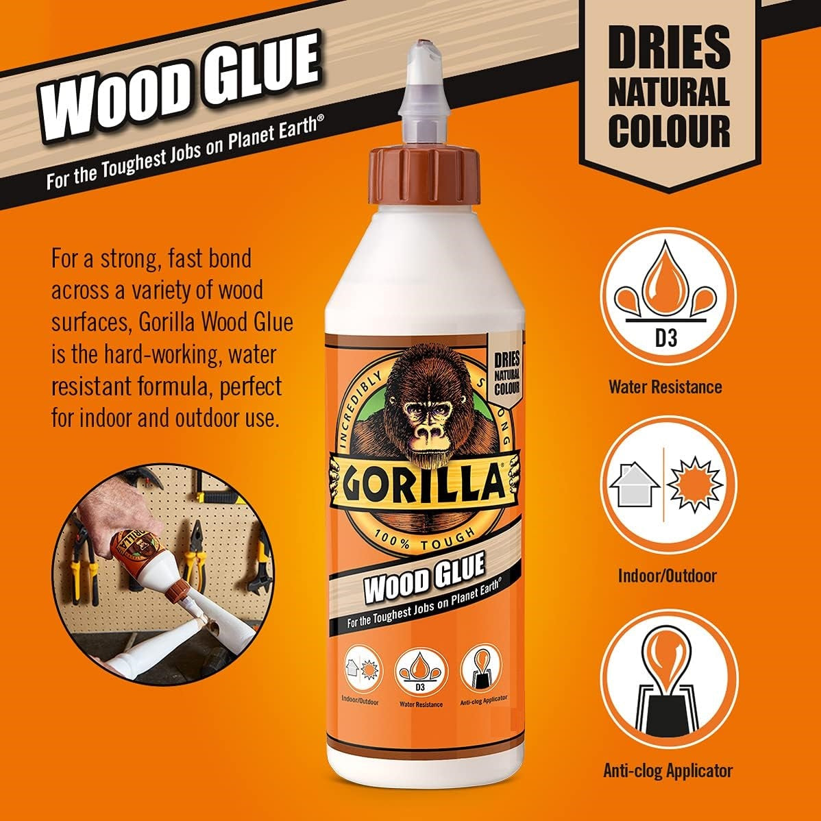 Gorilla Wood Glue Natural 236ml 5044801 | Strong Waterproof Adhesive | For Indoor and Outdoor Use | With Anti-Clog Applicator | For Strong and Fast Bond