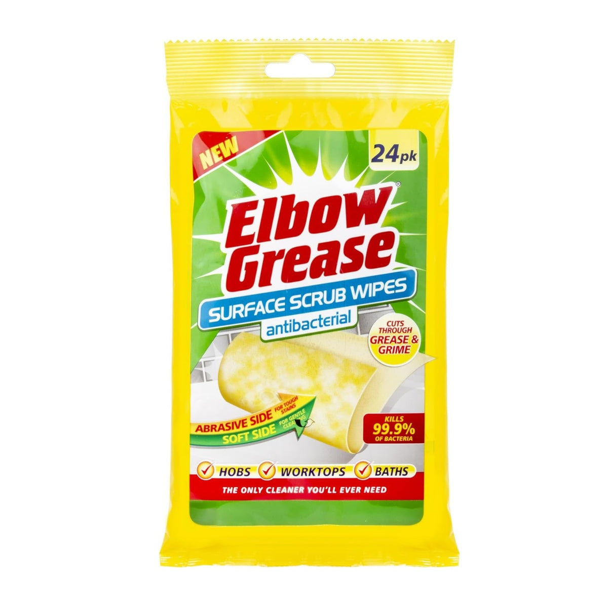 151 Elbow Grease Antibacterial Surface Scrub Wipes Yellow Pack of 24 EG30 | Dual-Sided Wipes | For Tough Grease and Grime | For Hobs-Worktops and Baths | Abrasive Side for Tough Stains | Soft Sise for Gentle Cleaning