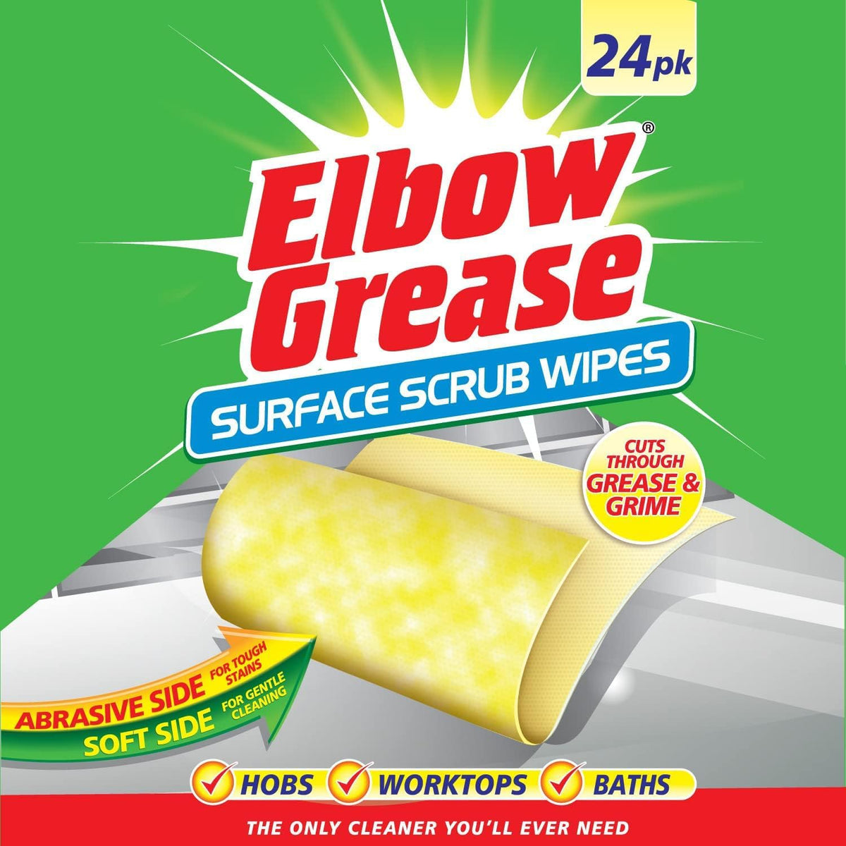 151 Elbow Grease Antibacterial Surface Scrub Wipes Yellow Pack of 24 EG30 | Dual-Sided Wipes | For Tough Grease and Grime | For Hobs-Worktops and Baths | Abrasive Side for Tough Stains | Soft Sise for Gentle Cleaning