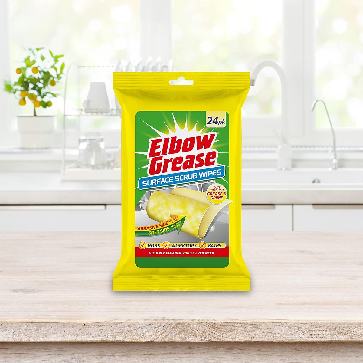 151 Elbow Grease Antibacterial Surface Scrub Wipes Yellow Pack of 24 EG30 | Dual-Sided Wipes | For Tough Grease and Grime | For Hobs-Worktops and Baths | Abrasive Side for Tough Stains | Soft Sise for Gentle Cleaning