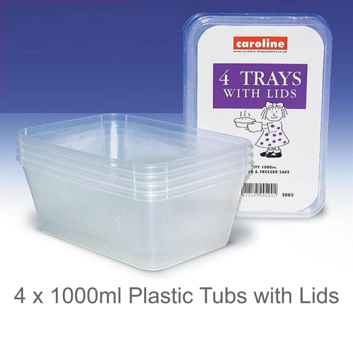 Caroline Plastic Food Storage Trays with Lids Clear 1000ml Pack of 4 2005 | Microwave and Freezer Safe | Reusable Meal Prep Containers