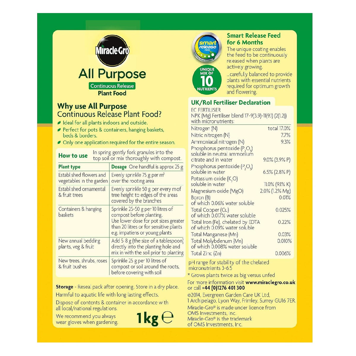 Miracle-Gro All Purpose Continuous Release Plant Food Green and Brown 1Kg 017684 | Grows Plant Twice as Big | Feeds upto 6 Months | Unique Mix of 10 Nutrients