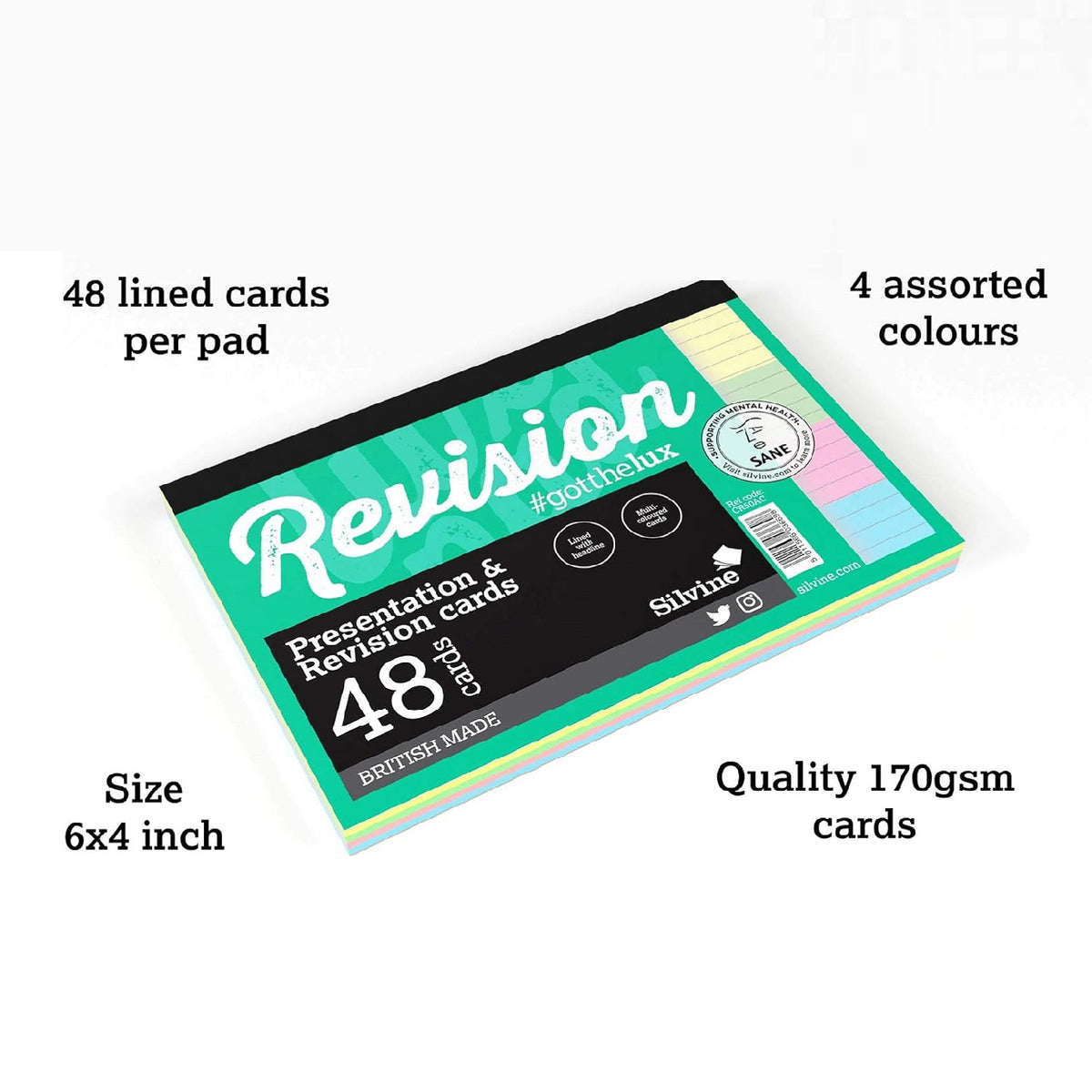 Silvine Luxpad A6 Gluebound Revision and Presentation Cards Assorted Colours 6-Inch x 4-Inch Pack of 48 CR50AC | Lined with Headline