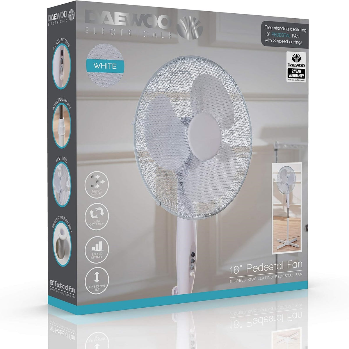 Daewoo Stand Pedestal Fan White 16-Inch COL1065 | 3 Speed Settings | Adjustable Height | Mesh Grill | Oscillating Function | Instant Cool Air | Up and Down Tilt