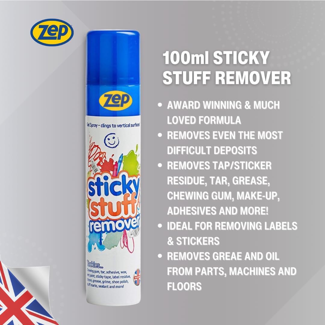 Zep Sticky Stuff Remover Multicoloured 100ml ZEP001 | Powerful Gel Spray | For Removing Stickers-Labels-Grease-Tar and Adhesive Residue | Ideal for Home-Office and Industrial Use | Fast Acting Formula | Versatile