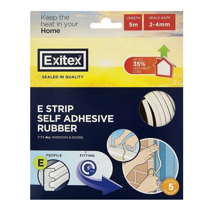 Exitex E Strip Self Adhesive Rubber White 5Mtr EXITEX09 | Fits All Windows and Doors | Seals Gaps 2-4mm | Upto 35 Percent Less Heat Loss