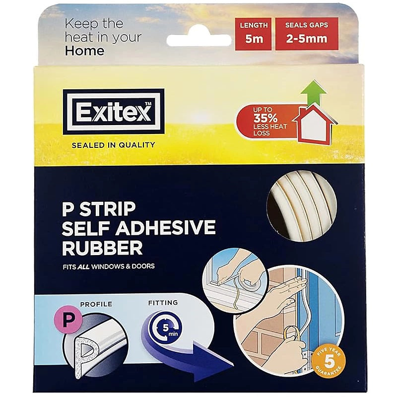 Exitex P Strip Self Adhesive Rubber White 5Mtr 1.03E-11 | Fits All Windows and Doors | Seals Gaps 2-5mm | Upto 35 Percent Less Heat Loss