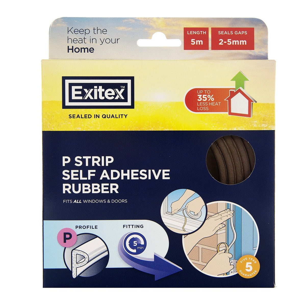Exitex P Strip Self Adhesive Rubber Brown 5Mtr | Fits All Windows and Doors | Seals Gaps 2-5mm | Upto 35 Percent Less Heat Loss
