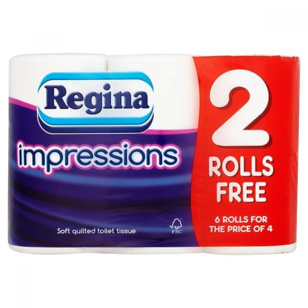 Regina Impressions Soft Quilted Toilet Tissue White Pack of 6 413202 | Premium Bathroom Tissue | 3-Ply Comfort | Strong and Absorbent