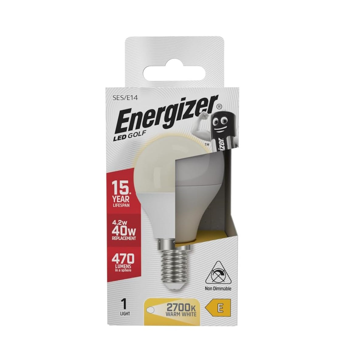 Energizer SES E14 LED Golf Light Bulb White 45mm x 87mm S8841 | 40W Equivalent | 470 Lumens | 2700K Warm White | Non-Dimmable | 15-Year Lifespan