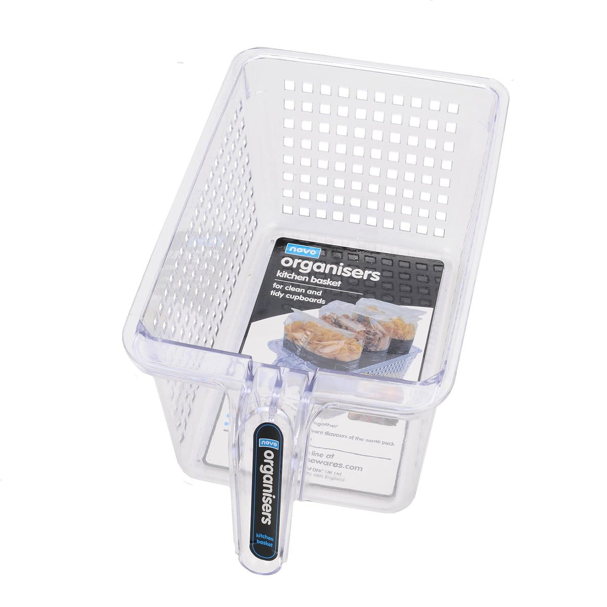 Novo Organisers Plastic Kitchen Storage Basket with Handle Clear Medium L 26cm x W 10cm x H 12.5cm 1080339 | Perfect for Organising Jars-Bottles and Packets | Ideal for Cupboards-Fridge and Pantry