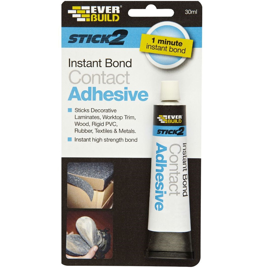 Everbuild Stick 2 Instant Bond Contact Adhesive 30ml S2CONADH | Sticks Decorative Laminates - Worktop Trim - Wood - Rigid PVC - Rubber - Textiles and Metals | 1 minute Instant High Strength Bond