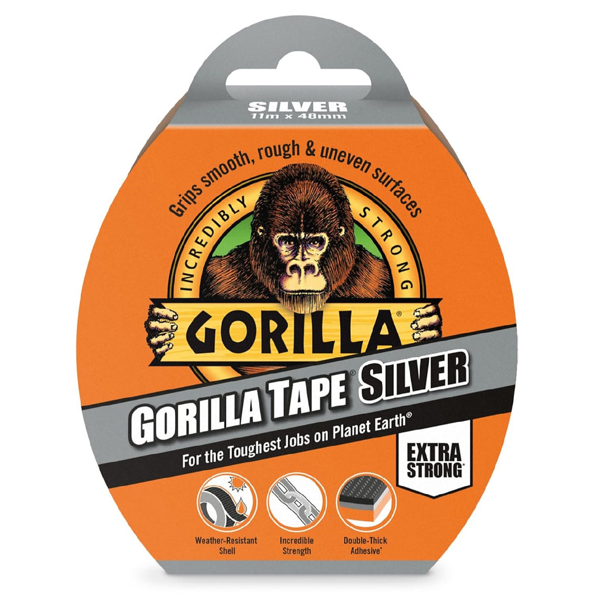 Gorilla Tape Silver 48mm x 11Mtr | Grip Smooth - Rough and Uneven Surfaces | Incredibly Strong | Weather - Resistant Shell | Incredible Strength | Double - Thick Adhesive | Extra Strong