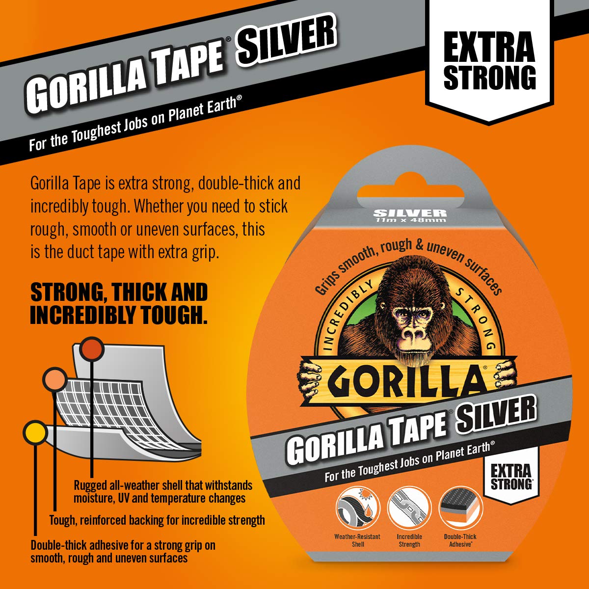 Gorilla Tape Silver 48mm x 11Mtr | Grip Smooth - Rough and Uneven Surfaces | Incredibly Strong | Weather - Resistant Shell | Incredible Strength | Double - Thick Adhesive | Extra Strong