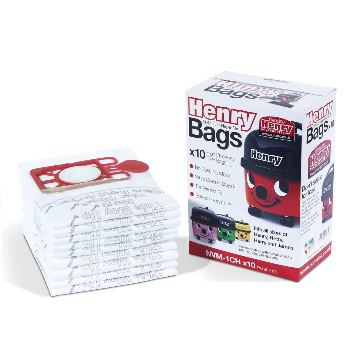 Henry NVM-1CH Hepa-Flo High Efficiency Filter Bags Assorted Colours Pack of 10 907075 | Genuine Numatic Filter Bags | Fits Henry-Hetty-Harry and James | No Dust-No Mess