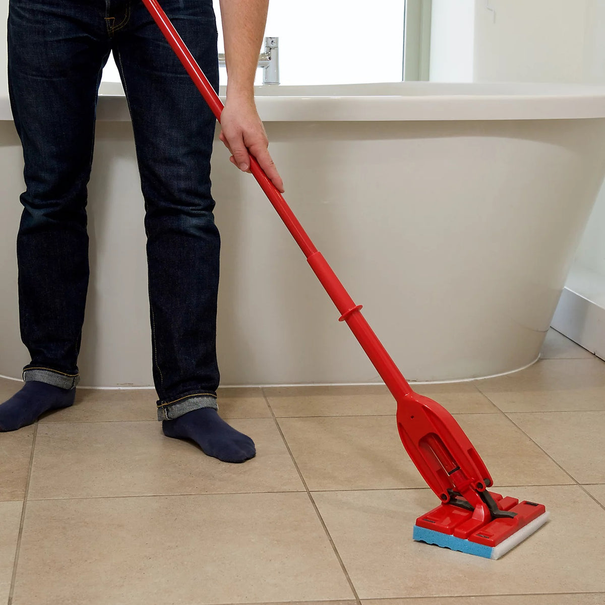 Vileda Magic Mop Flat with Sponge Head Red FH114566 | Easy Wring Handle | Cleans Tough Marks Without Scratching | For All Floor Surfaces