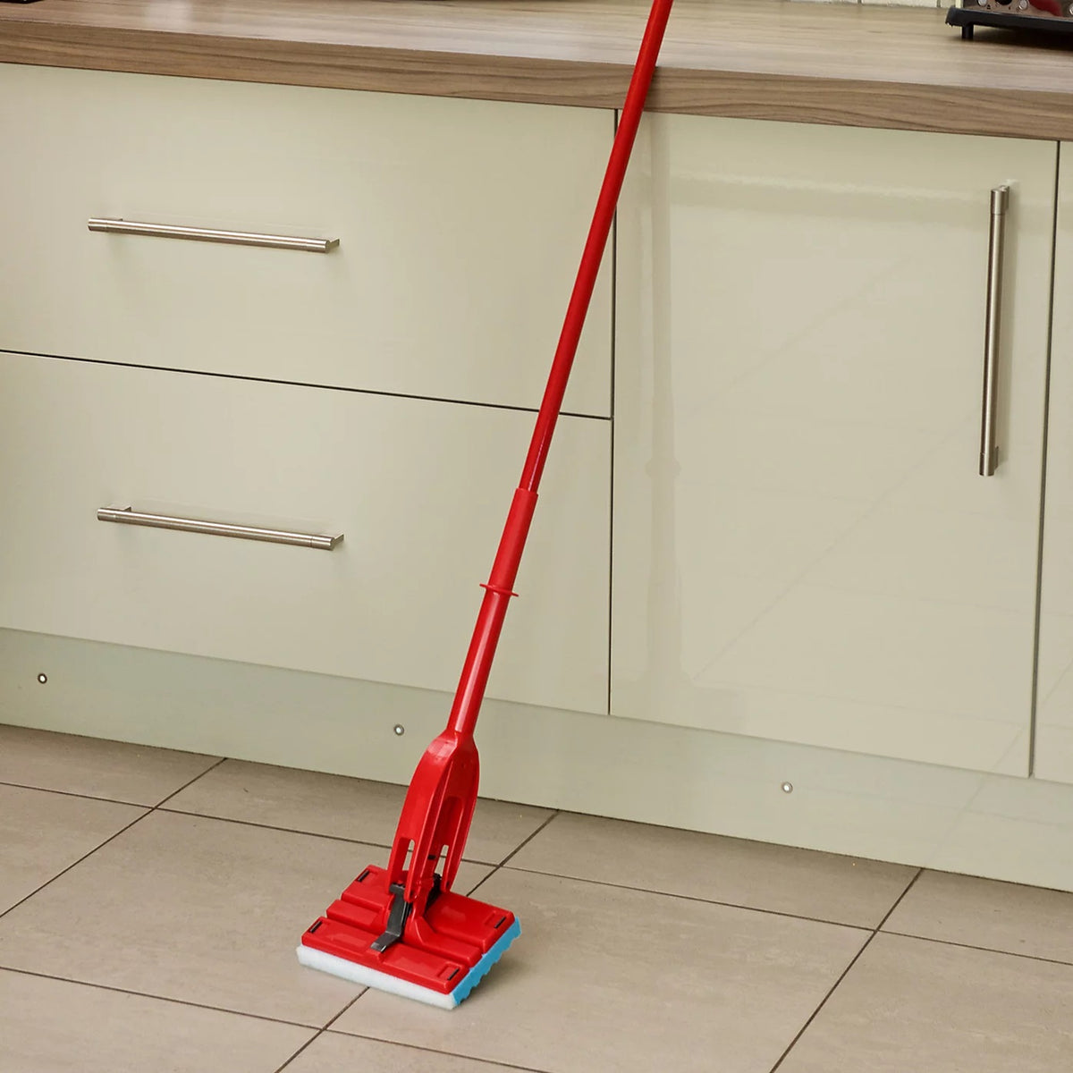 Vileda Magic Mop Flat with Sponge Head Red FH114566 | Easy Wring Handle | Cleans Tough Marks Without Scratching | For All Floor Surfaces