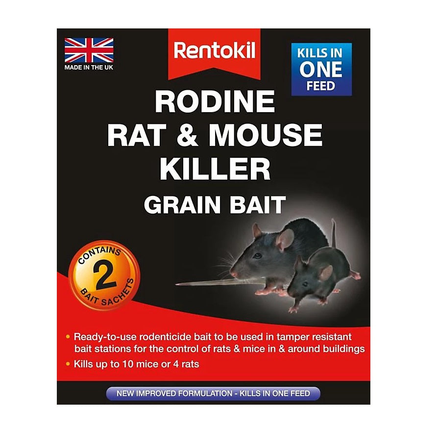 Rentokil Rodine Rat and Mouse Killer Grain Bait Green Pack of 2 PSMR11B | Kills in One Feed | Indoor and Outdoor Use | Kills Up to 10 Mice or 4 Rats