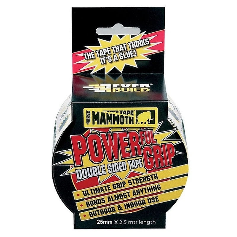 Everbuild Mammoth Double Sided Powergrip Tape Clear 25mm x 2.5Mtr 2POWERGRIP25