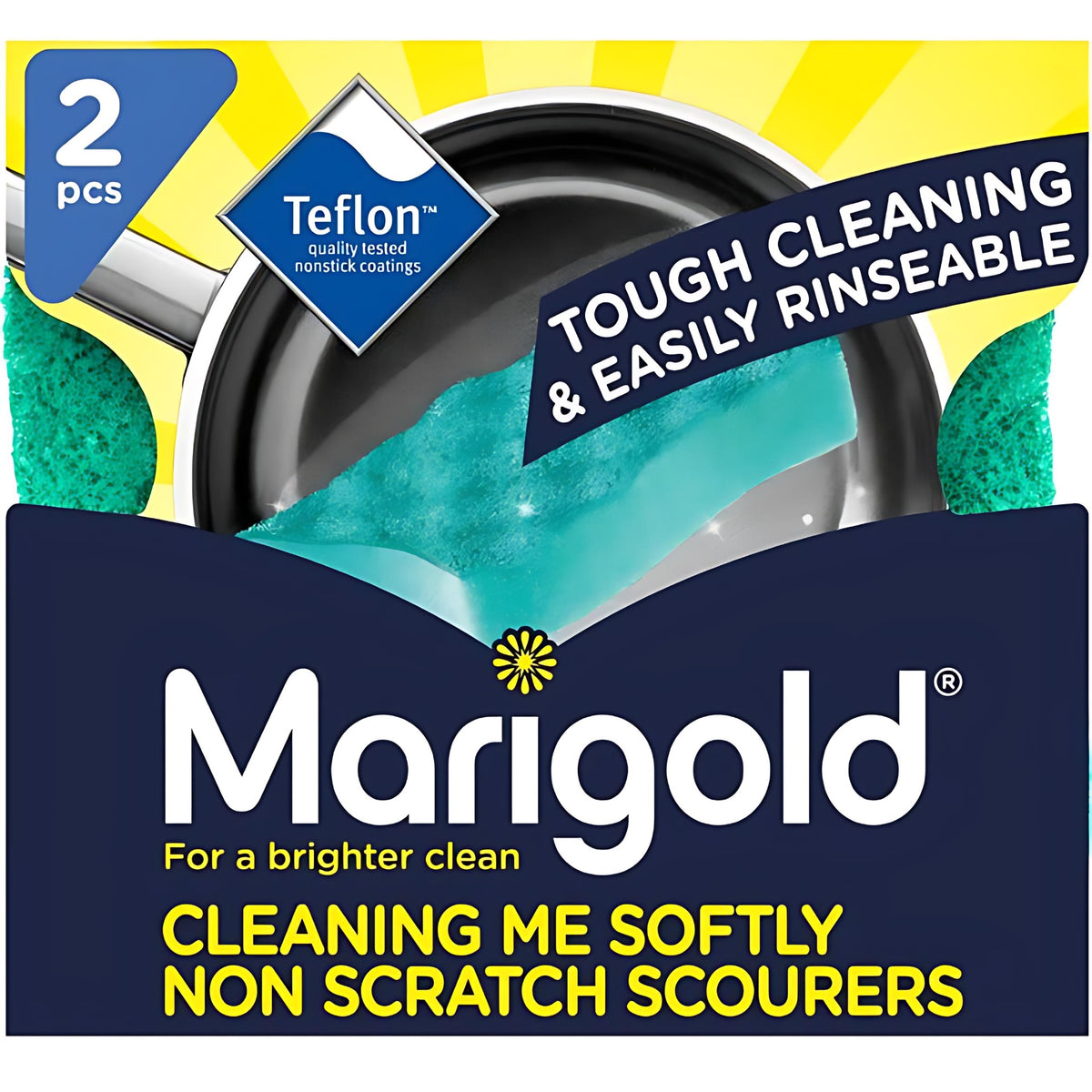 Teflon Marigold Non-Scratch Pads Green Pack of 2 4022762 | For a Brighter Clean | Tough Cleaning without Scratching and Easy to Rinse Surface | Non-Scratch