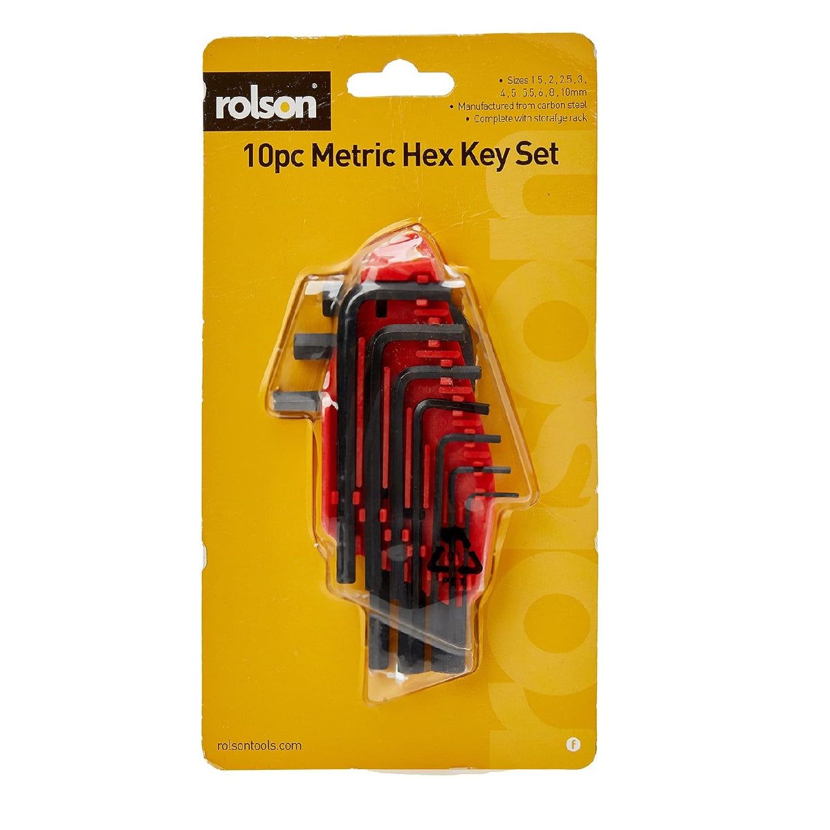 Rolson Metric Hex Key Set Black Assorted Size Pack of 10 40352 | Manufactured from Carbon Steel | Complete with Storage Rack