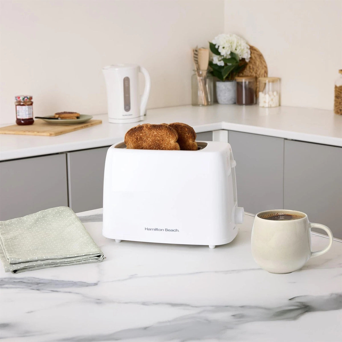 Hamilton Beach Essential 2 Slice Plastic Toaster White HB1116W | Extra Wide Slots | Perfect Toast | Removable Crumb Tray for Easy Cleaning