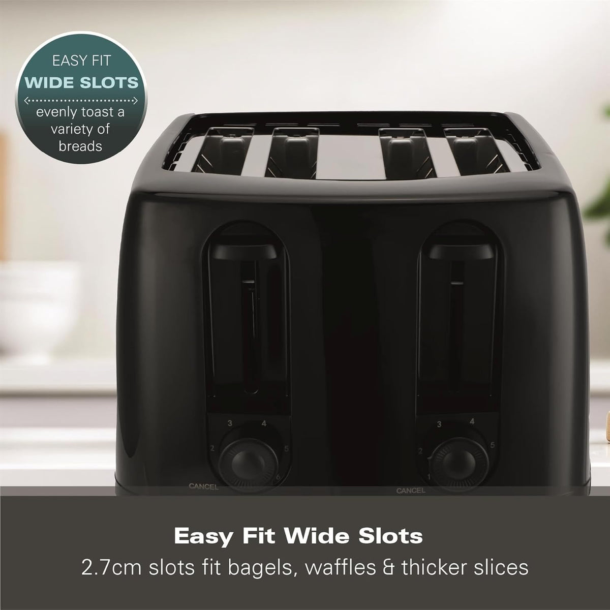 Hamilton Beach Essential 4-Slice Toaster Black 1300W 25.5cm x 25cm x 17cm HB4T5032B | 6 Browning Levels for Perfect Toast | Toast a Variety of Breads, from Bagels to Waffles, with 2.7cm Wide Slots | Removable Crumb Tray for Easy Clean-up and Mess-Free