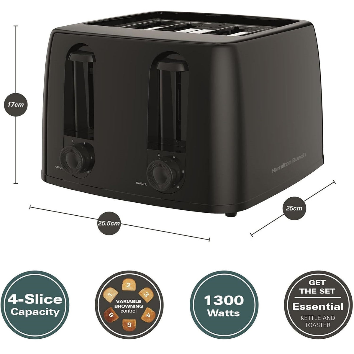 Hamilton Beach Essential 4-Slice Toaster Black 1300W 25.5cm x 25cm x 17cm HB4T5032B | 6 Browning Levels for Perfect Toast | Toast a Variety of Breads, from Bagels to Waffles, with 2.7cm Wide Slots | Removable Crumb Tray for Easy Clean-up and Mess-Free